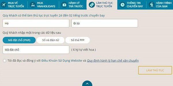 Hướng dẫn check in online VietNam Airlines